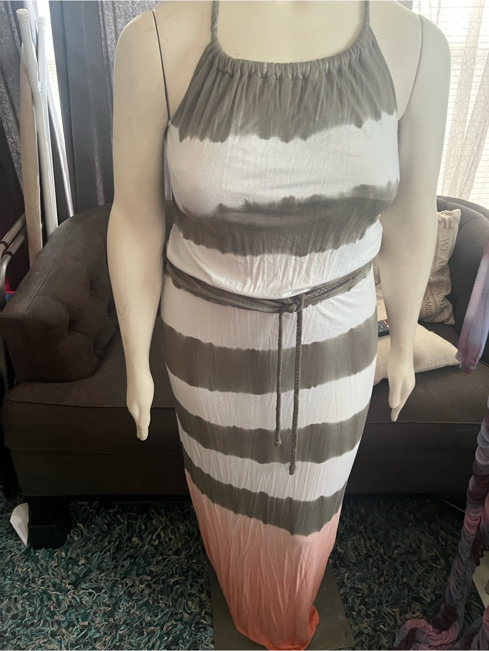 Ana Striped Olive and Coral Tie-Dye Maxi Dress